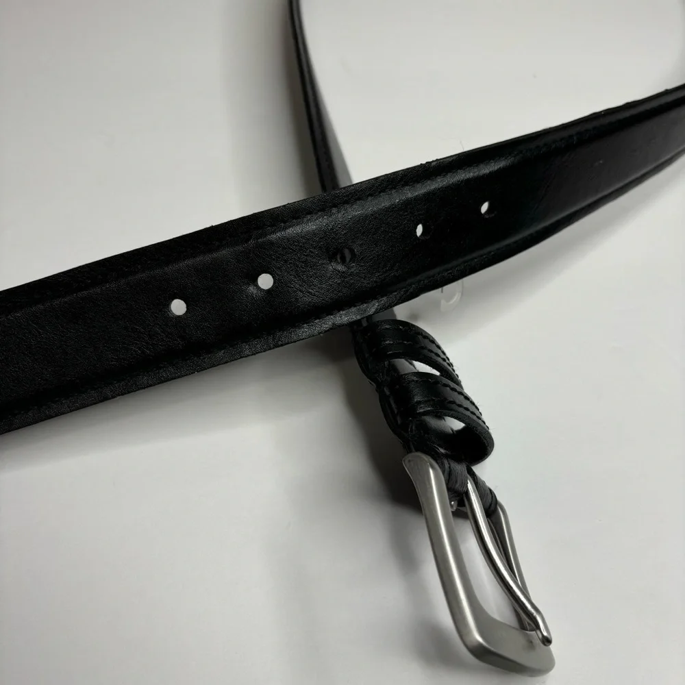 Men’s Black Leather Belt Polished Nickel (Silver/Gray Color) Size 42 / 40” Waist